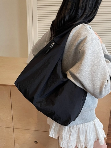 Women's Fashion Wrinkled Nylon Tote Bag Large Capacity Casual Shoulder Bag For Travel Daily Minimalist Lightweight Solid Color Handbag