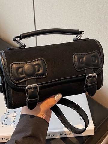 Sac Bandoulière en Suède Vintage pour Femmes Avec Nœud Patchwork Rétro Petit Sac Carré Style Preppy Sac à Main Quotidien