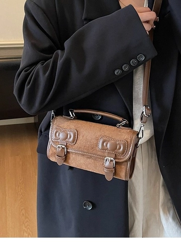 Sac Bandoulière en Suède Vintage pour Femmes Avec Nœud Patchwork Rétro Petit Sac Carré Style Preppy Sac à Main Quotidien