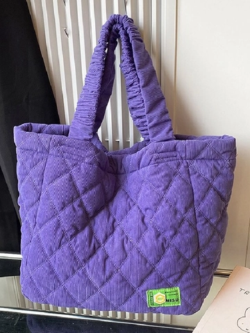 Large Capacity Quilted Corduroy Tote Bag For Women Korean Casual Argyle Shoulder Bag With Pleated Handle Chic Daily Handbag