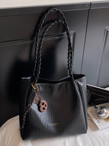 Borsa Tote Retro in Pelle PU con Trama Intrecciata di Grande Capacità per Donna Versatile Borsa a Tracolla Minimalista Pendolare con Ciondolo