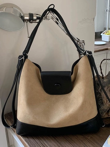 Sac à Dos Fourre-tout de Grande Capacité en Cuir PU pour Femmes Contraste de Couleurs Sac à Épaule Patchwork Rétro Sac à Dos
