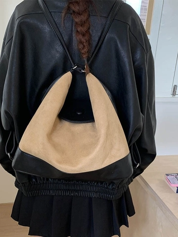Sac à Dos Fourre-tout de Grande Capacité en Cuir PU pour Femmes Contraste de Couleurs Sac à Épaule Patchwork Rétro Sac à Dos