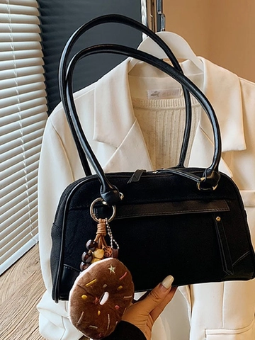 Vintage Frosted PU Leather Boston Shoulder Bag Large Capacity Women Tote With Donut Charm Retro Casual Pillow Handbag For Daily Commute