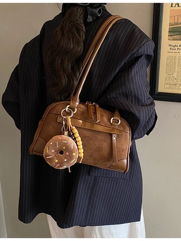 Vintage Frosted PU Leather Boston Shoulder Bag Large Capacity Women Tote With Donut Charm Retro Casual Pillow Handbag For Daily Commute