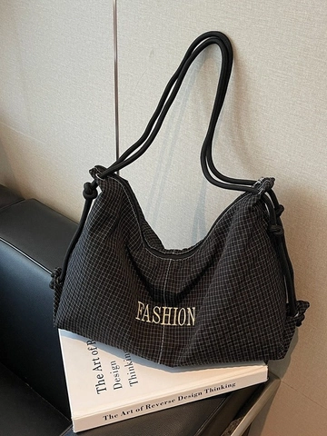 Women Gingham Canvas Underarm Bag Korean Minimalist Grid Shoulder Bag Letter Embroidery Rope Strap Casual Hobo Commute Tote Bag