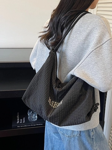 Women Gingham Canvas Underarm Bag Korean Minimalist Grid Shoulder Bag Letter Embroidery Rope Strap Casual Hobo Commute Tote Bag