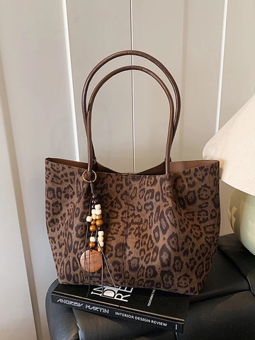 Bolso Tote de Cuero PU con Estampado de Leopardo para Mujer Bolso de Hombro de Gran Capacidad con Adorno de Cuentas de Madera Vintage