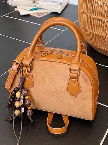Sac Boston Vintage en PU et Suède Cousu pour Femme Sac à Main Ethnique avec Gland en Bois Sac à Bandoulière Rétro Petit Sac Oreiller Tendance