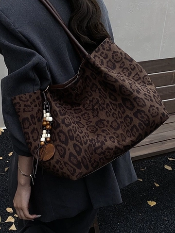 Bolso Tote de Cuero PU con Estampado de Leopardo para Mujer Bolso de Hombro de Gran Capacidad con Adorno de Cuentas de Madera Vintage
