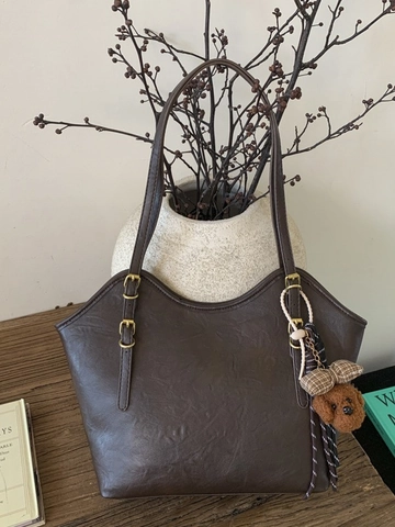 Bolso Tote de Cuero PU Retro de Gran Capacidad para Mujer Bolso de Hombro Vintage Con Charm de Oso Handbag Casual