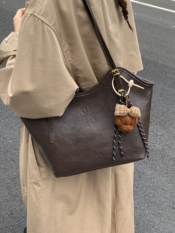 Bolso Tote de Cuero PU Retro de Gran Capacidad para Mujer Bolso de Hombro Vintage Con Charm de Oso Handbag Casual