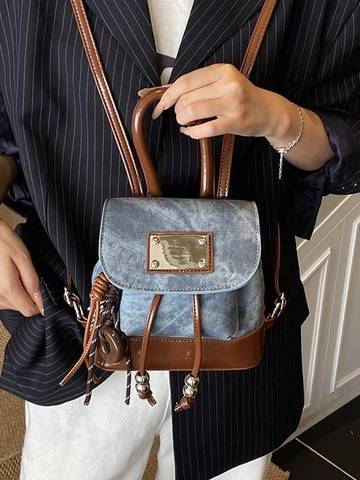 Vintage PU Leather Denim Stitching Backpack For Women Retro Contrast Color Drawstring Mini School Bag Casual Travel Rucksack