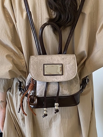 Vintage PU Leather Denim Stitching Backpack For Women Retro Contrast Color Drawstring Mini School Bag Casual Travel Rucksack