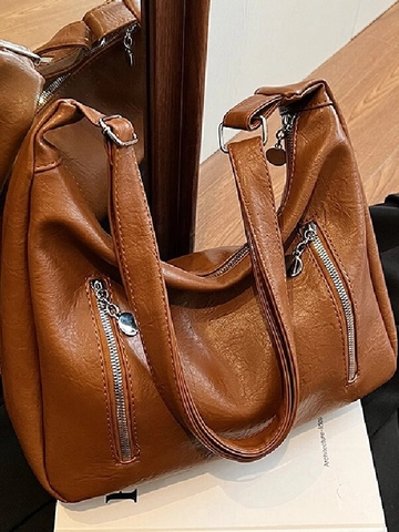 Vintage PU Leder Tragetasche Große Kapazität Damen Retro Hobo Umhängetasche Mit Metallreißverschluss Pendler Handtasche