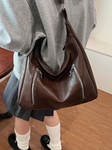 Vintage PU Leder Tragetasche Große Kapazität Damen Retro Hobo Umhängetasche Mit Metallreißverschluss Pendler Handtasche