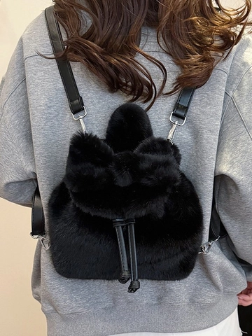 Women's Mini Plush Backpack Faux Fur Small Schoolbag With Bow Animal Ears Fashion Korean Style Casual Travel Backpack