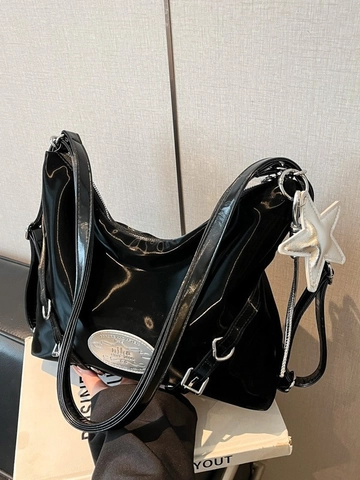 Damen Glänzende PU-Leder Multifunktionale Hobo-Tasche Mit Silbernem Stern-Anhänger Große Kapazität Schulter Rucksack Tote