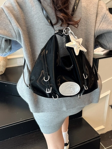 Damen Glänzende PU-Leder Multifunktionale Hobo-Tasche Mit Silbernem Stern-Anhänger Große Kapazität Schulter Rucksack Tote