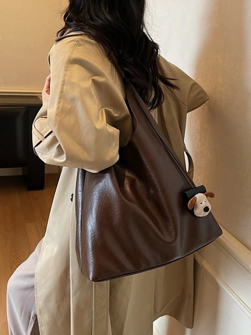 Borsa a Tracolla Tote in Pelle PU di Grande Capacità Vintage Per Donna Borsa Sottobraccio Hobo Retrò Con Ciondolo Cane in Peluche