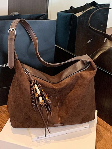 Vintage Large Capacity PU Leather Tote Bag For Women With Bohemian Beaded Pendant Crossbody Shoulder Commute Handbag