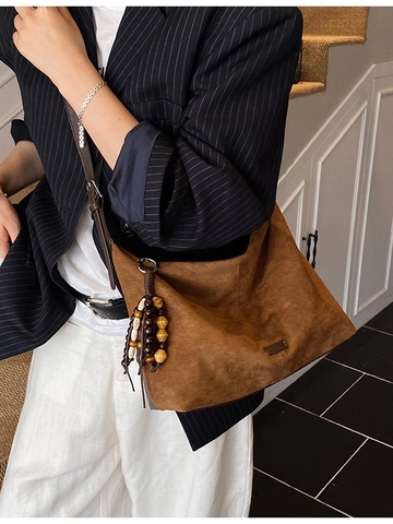 Vintage Large Capacity PU Leather Tote Bag For Women With Bohemian Beaded Pendant Crossbody Shoulder Commute Handbag