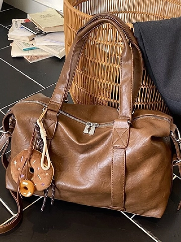 Borsa Tote in Pelle PU di Grande Capacità Vintage per Donna Borsa a Tracolla da Pendolare alla Moda Con Ciondolo Ciambella