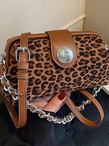Bolso Bandolera de Terciopelo con Estampado de Leopardo Vintage para Mujer Moda Cadena Mini Bolso Almohada Bolso de Hombro