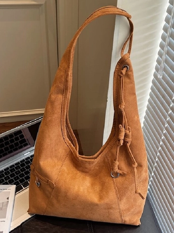 Women Retro Faux Suede PU Leather Tote Bag Large Capacity Shoulder Bag With Knotted Strap Metal Ring Hobo Bag For Commute