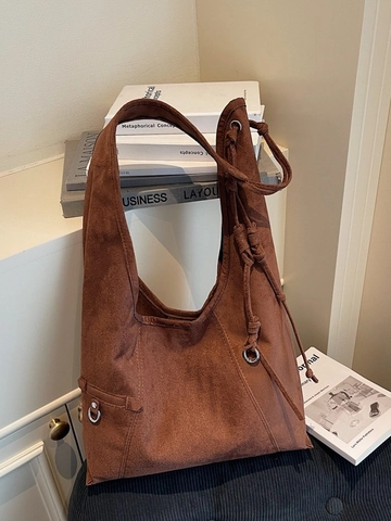 Women Retro Faux Suede PU Leather Tote Bag Large Capacity Shoulder Bag With Knotted Strap Metal Ring Hobo Bag For Commute