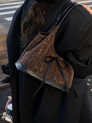 Damen Leopardenmuster Achseltasche Retro PU Leder Schulter Eimertasche Mit Schleifen Detail Große Kapazität Fashion Tote Handtasche