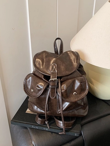 Mochila de Viaje de Cuero PU Vintage para Mujer Gran Capacidad Bolso Escolar de Moda Con Costuras en Contraste Bolso de Viaje