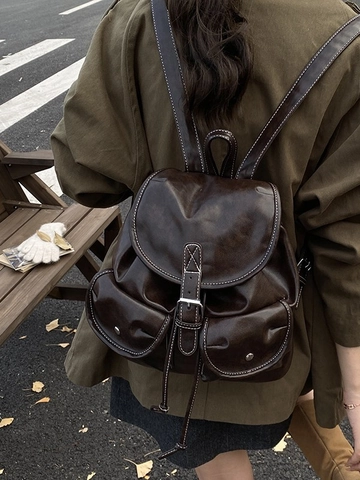Mochila de Viaje de Cuero PU Vintage para Mujer Gran Capacidad Bolso Escolar de Moda Con Costuras en Contraste Bolso de Viaje