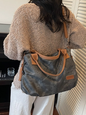 Bolso Tote de Cuero PU de Gran Capacidad para Mujer Color de Contraste Textura Lavada Bolso de Hombro Cruzado Casual Moda Bolso de Viaje
