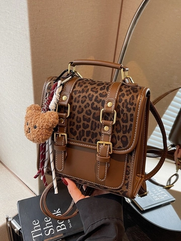 Mini Mochila de Cuero PU con Estampado de Leopardo Vintage para Mujer Estilo Coreano Colorblock Bolso Escolar con Colgante de Oso