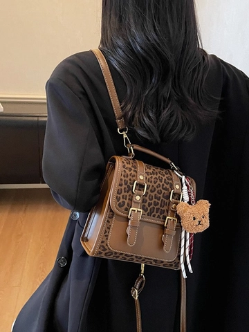 Mini Mochila de Cuero PU con Estampado de Leopardo Vintage para Mujer Estilo Coreano Colorblock Bolso Escolar con Colgante de Oso