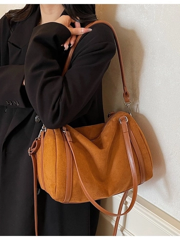 Sac Boston en Suède Vintage pour Femmes Grande Capacité Sac Bandoulière Avec Sangle Amovible Sac à Main Rétro Quotidien