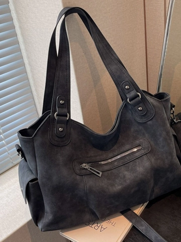 Bolso de Mano de Gran Capacidad de Cuero PU Mate Vintage para Mujer Textura Lavada Retro Bolso de Hombro con Múltiples Bolsillos Bolso Casual