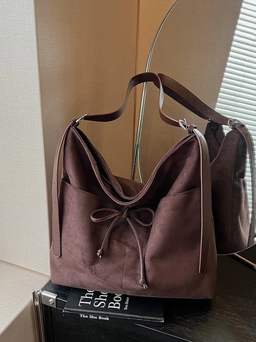 Bolso Tote Grande de Gamuza para Mujer Bolso de Hombro Hobo Retro Con Cordón de Lazo Minimalista Bolso de Mano