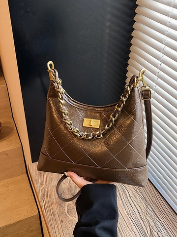 Women Retro Quilted Lattice Underarm Bag Premium Glossy PU Leather Crossbody Bag With Gold Chain Fashion Versatile Hobo Bag