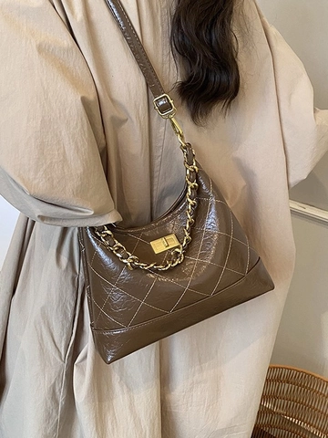 Women Retro Quilted Lattice Underarm Bag Premium Glossy PU Leather Crossbody Bag With Gold Chain Fashion Versatile Hobo Bag
