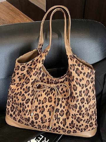 Borsa Shopping da Donna Vintage con Stampa Leopardata in Pelle Scamosciata PU Grande Capacità Borsa a Spalla Retrò con Fiocco