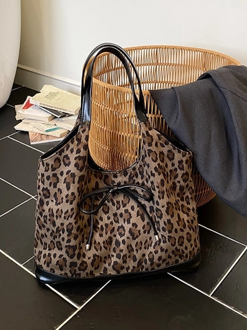 Borsa Shopping da Donna Vintage con Stampa Leopardata in Pelle Scamosciata PU Grande Capacità Borsa a Spalla Retrò con Fiocco