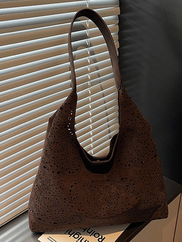 Large Capacity Laser Cut Hollow Out Tote Bag Vintage PU Leather Shoulder Bag Commuting Hobo Bag With Small Pouch For Women