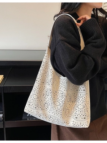 Large Capacity Laser Cut Hollow Out Tote Bag Vintage PU Leather Shoulder Bag Commuting Hobo Bag With Small Pouch For Women
