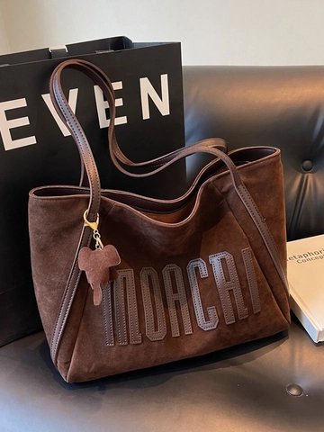 Borsa Tote da Donna Vintage in Pelle PU Aspetto Scamosciato Grande Capacità Borsa a Spalla Casual Shopping Bag Con Lettere