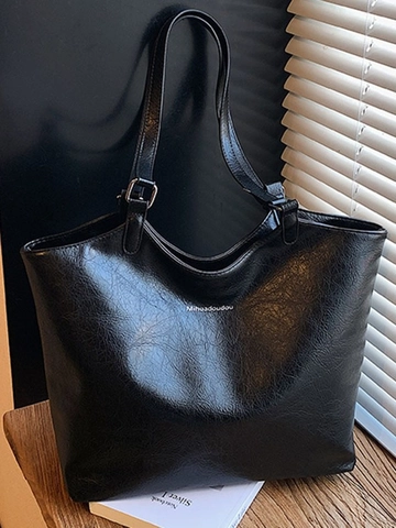 Retro Large Capacity PU Leather Tote Bag For Women Autumn Winter Commuting Shoulder Bag Fashion Handbag Solid Color Bag