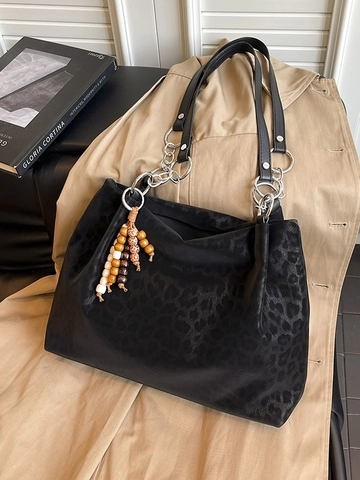 Damen Vintage PU Leopardenmuster Tragetasche Große Kapazität Pendeln Schultertasche Mit Metallkette Und Holzperlen Anhänger