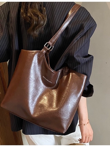 Retro Large Capacity PU Leather Tote Bag For Women Autumn Winter Commuting Shoulder Bag Fashion Handbag Solid Color Bag