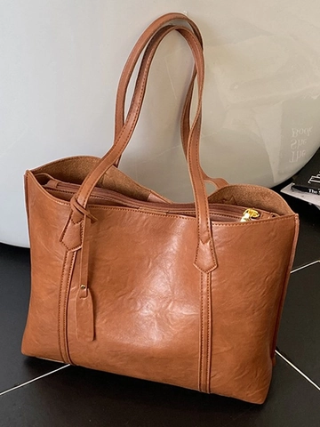 Bolso Tote de Cuero PU Retro para Mujer Gran Capacidad Color Sólido Bolso de Hombro Con Correas Dobles y Detalle de Puntadas